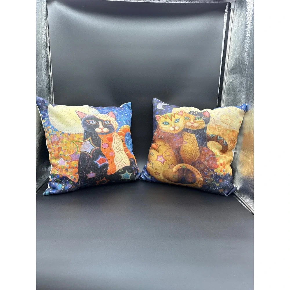 Set‎ of 2 Artistic Cat Throw Pillows Mosaic Celestial Moon Star Decorative 18x18